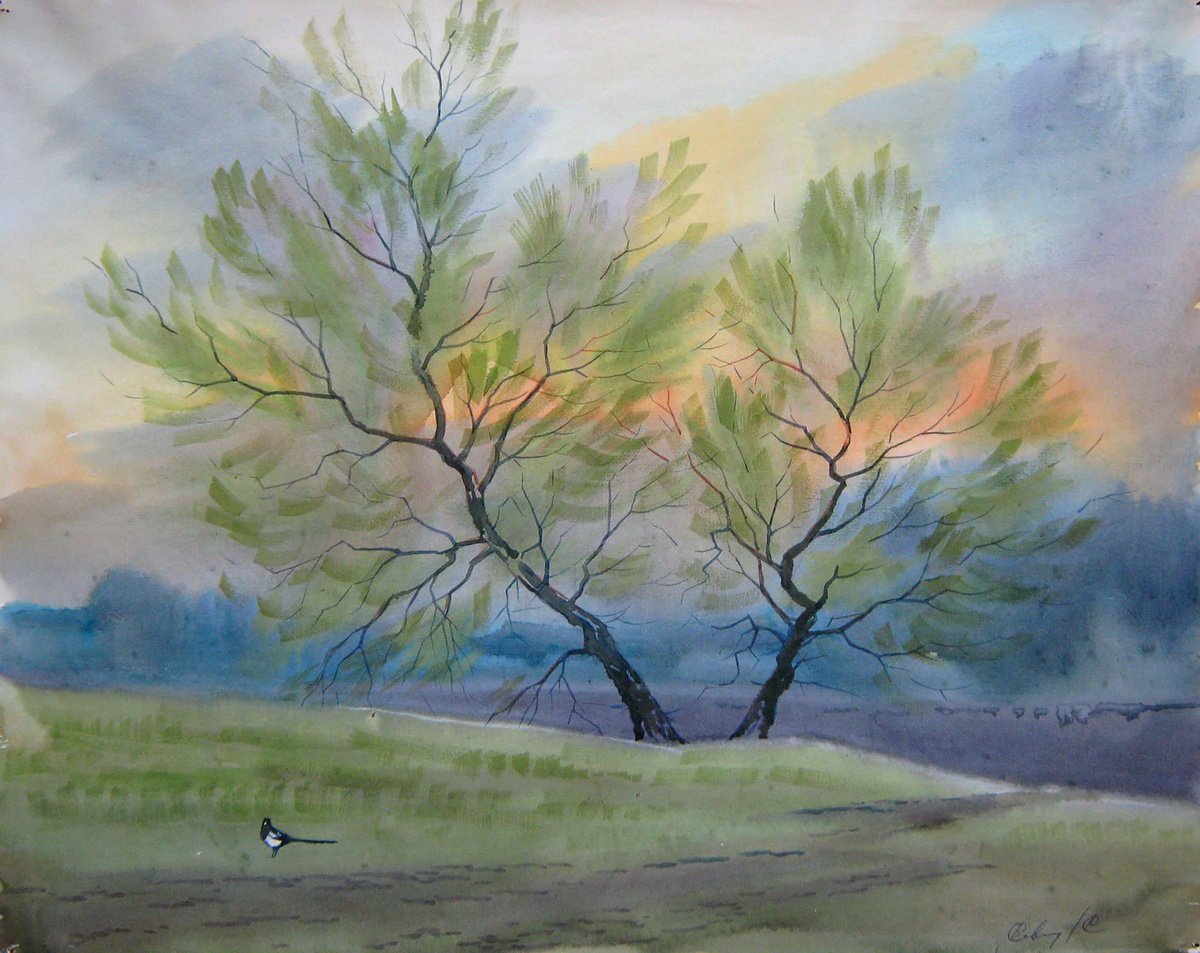 Impressionistic Landscape Watercolour By Valeriy Savenets-1, 20 X 16", Magpie, Original Artwork
