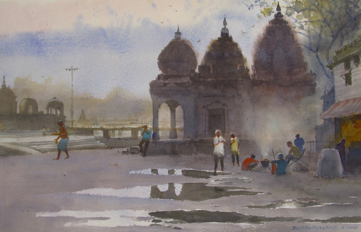 Impressionistic Cityscapes Watercolour By Bhargavkumar Kulkarni, 22 X 14, Nashik Ghat, Original Artwork