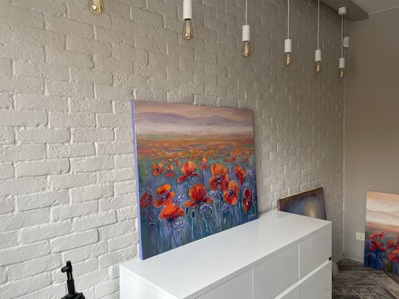 "Red poppies on the field". Oil painting.