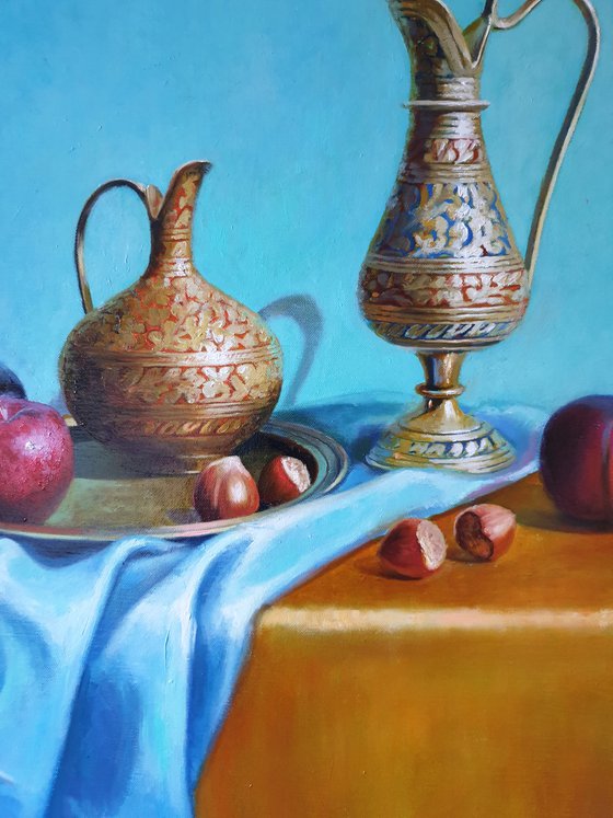 "A leisurely morning visiting Bahar. "   still life plums hazelnut  liGHt original painting PALETTE KNIFE  GIFT (2021)