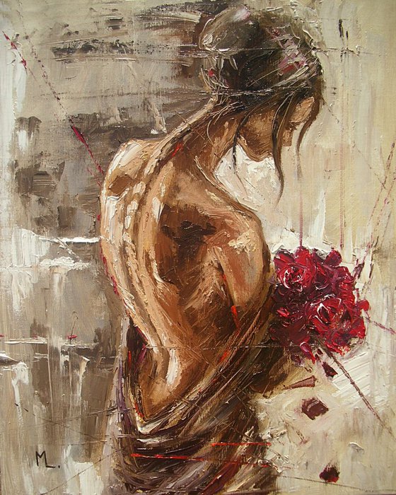 " THE BOUQUET OF RED ROSES ... " - original oil painting on canvas, palette knife