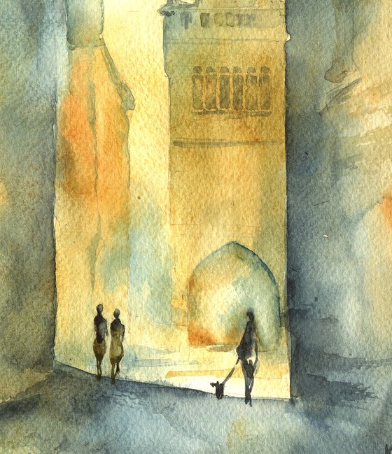 "Prague street in the golden evening light" architectural artwork in watercolor