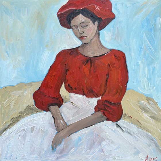 A Girl in a Red Blouse and Hat