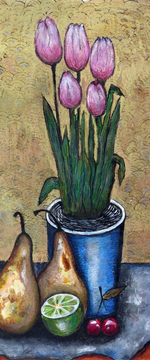 Still Life with Tulips and Pears by Elizabeth Vlasova