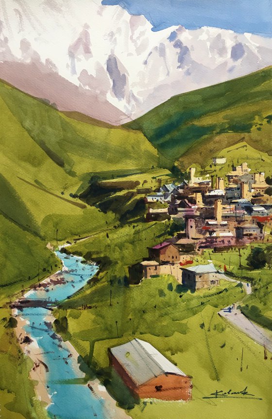 Original watercolor painting “Mountain freshness. Ushguli, Svaneti. Georgia”