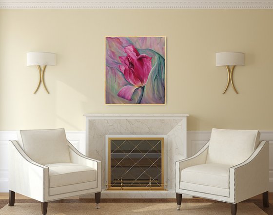 Rainbow Tulip, oil painting, original gift, home decor, Flowering, Spring, Leaves, Living Room, leaves, many flowers, flower picture,  delicate flowers, tulip painting, white tulip flowers, blooming tulip,