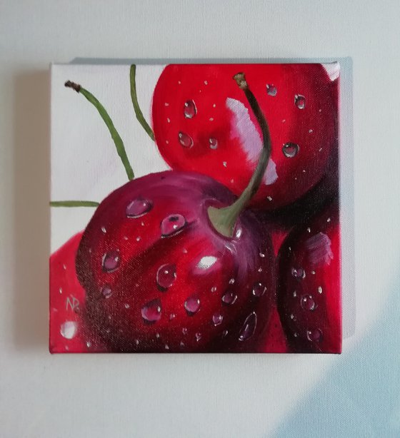 Cherries, original berry fruit still life oil painting, small gift idea