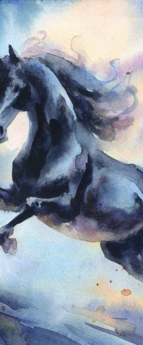 Black horse, small watercolor by Yulia Evsyukova