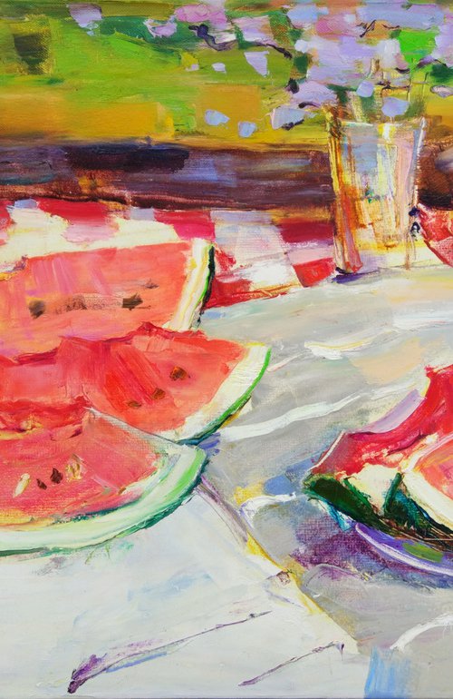 Watermelon . Summer Still Life . Original Oil Painting by Helen Shukina