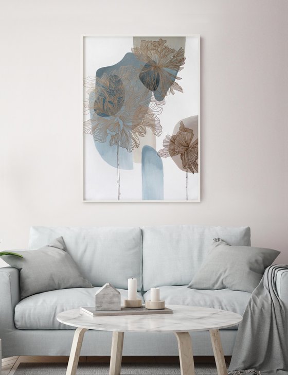 "Thinness 5" Blue gold flowers abstract art