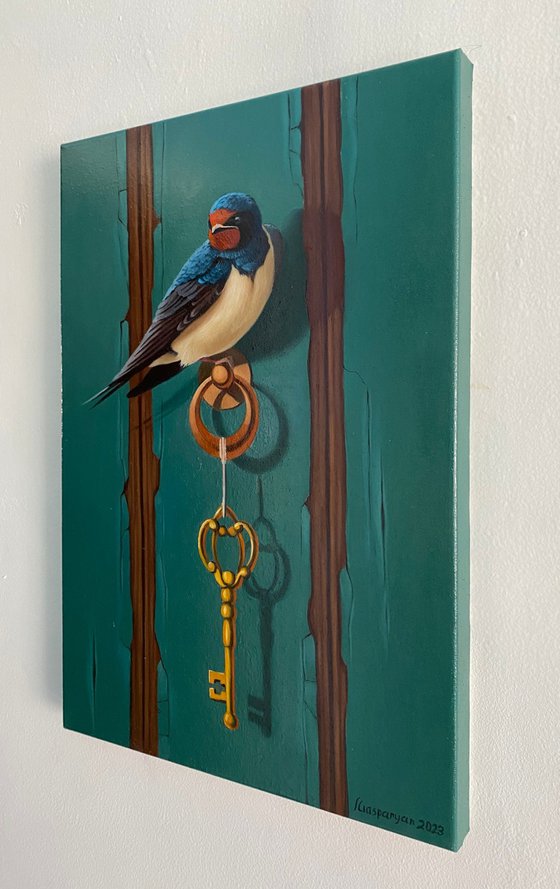 Still life with bird and key (24x35cm, oil painting, ready to hang)