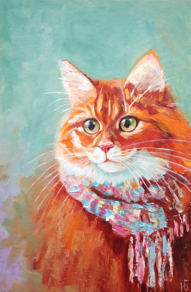 Ginger Cat Oil Painting Original Wall Art Red Cat Portrait by Yulia Berseneva