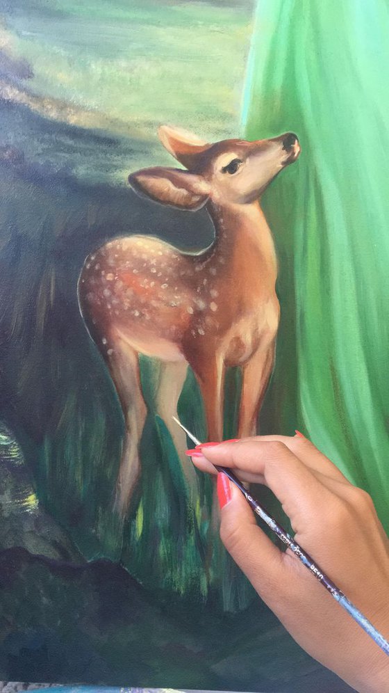 Bernadette and a fawn - original magical and spiritual oil art painting on stretched canvas