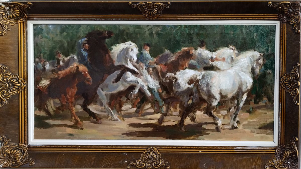 Impressionistic Animal Oil Painting By Sebastian Beianu, 31 X 16", Ti?rgul De Cai, Original Artwork