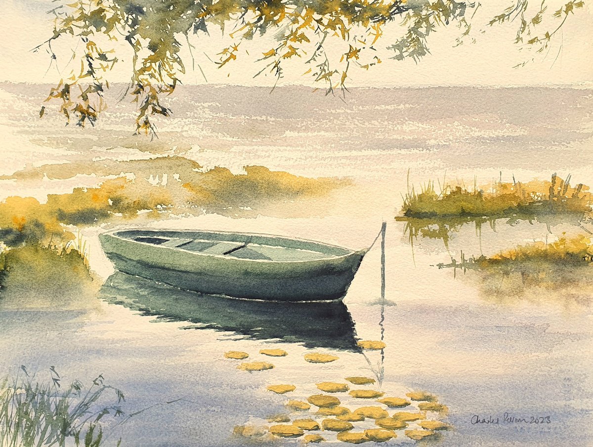 Impressionistic Watercolour , Boat On Still Water By Charles Pierson, 15 X 11, Artwork For Sale On Artfinder