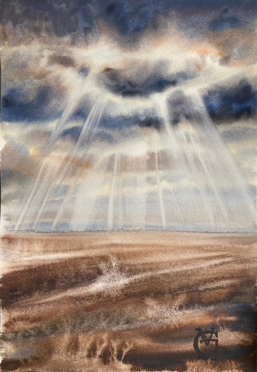 Impressionistic Landscape Watercolour By Valeria Golovenkina, 11 X 15", Steppe And Sky 2, Original Artwork