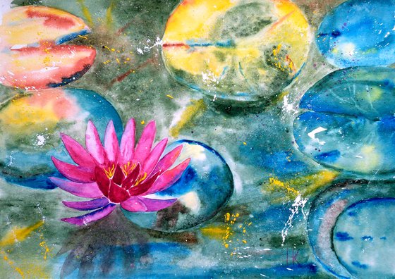 Water Lily Painting Floral Original Art Lotus Watercolor Flowers Artwork Home Wall Art 17 by 12" by Halyna Kirichenko
