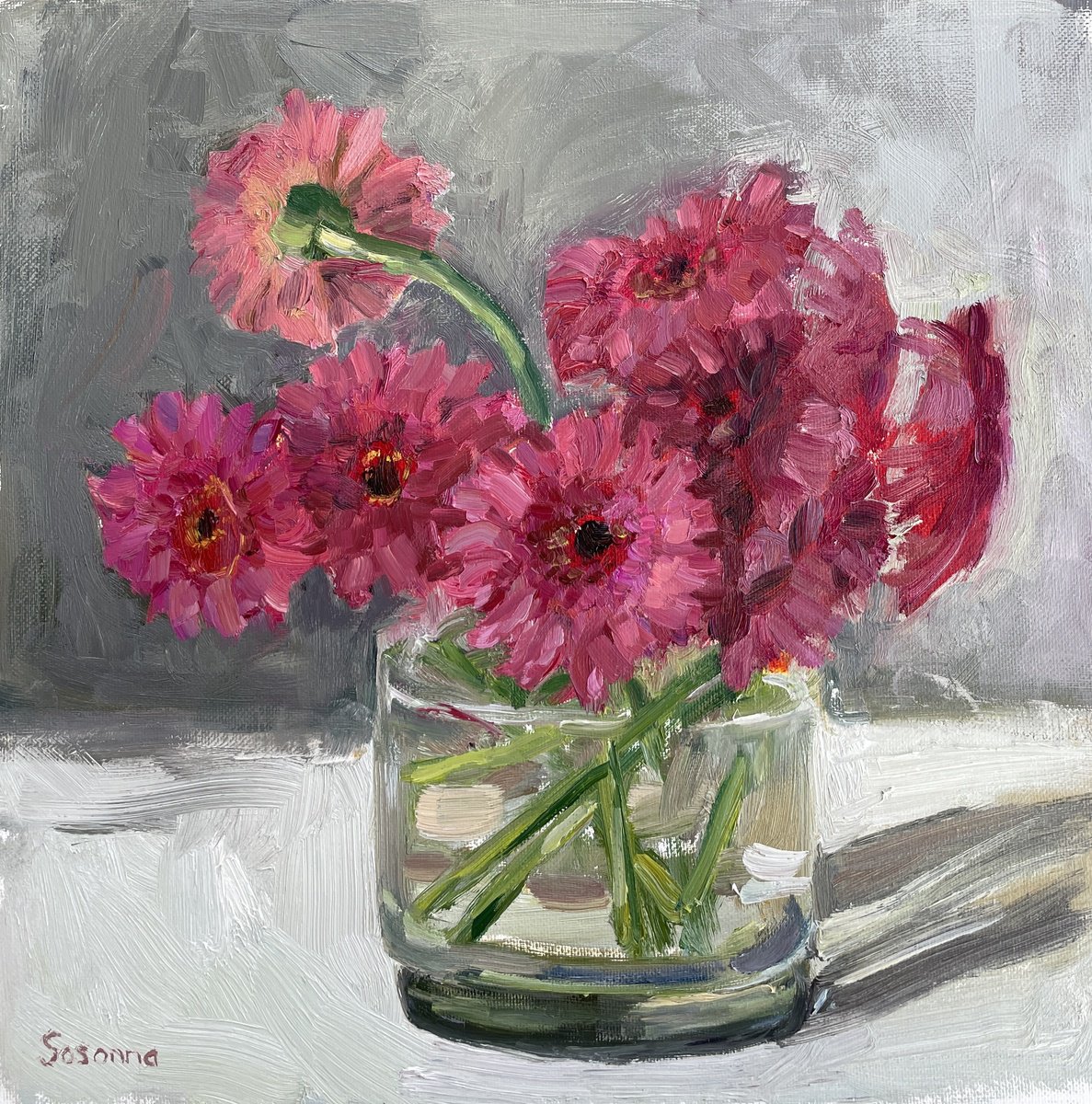 Impressionistic Botanical Oil Painting By Kate Sosonna, 12 X 12", Gerberas, Original Artwork