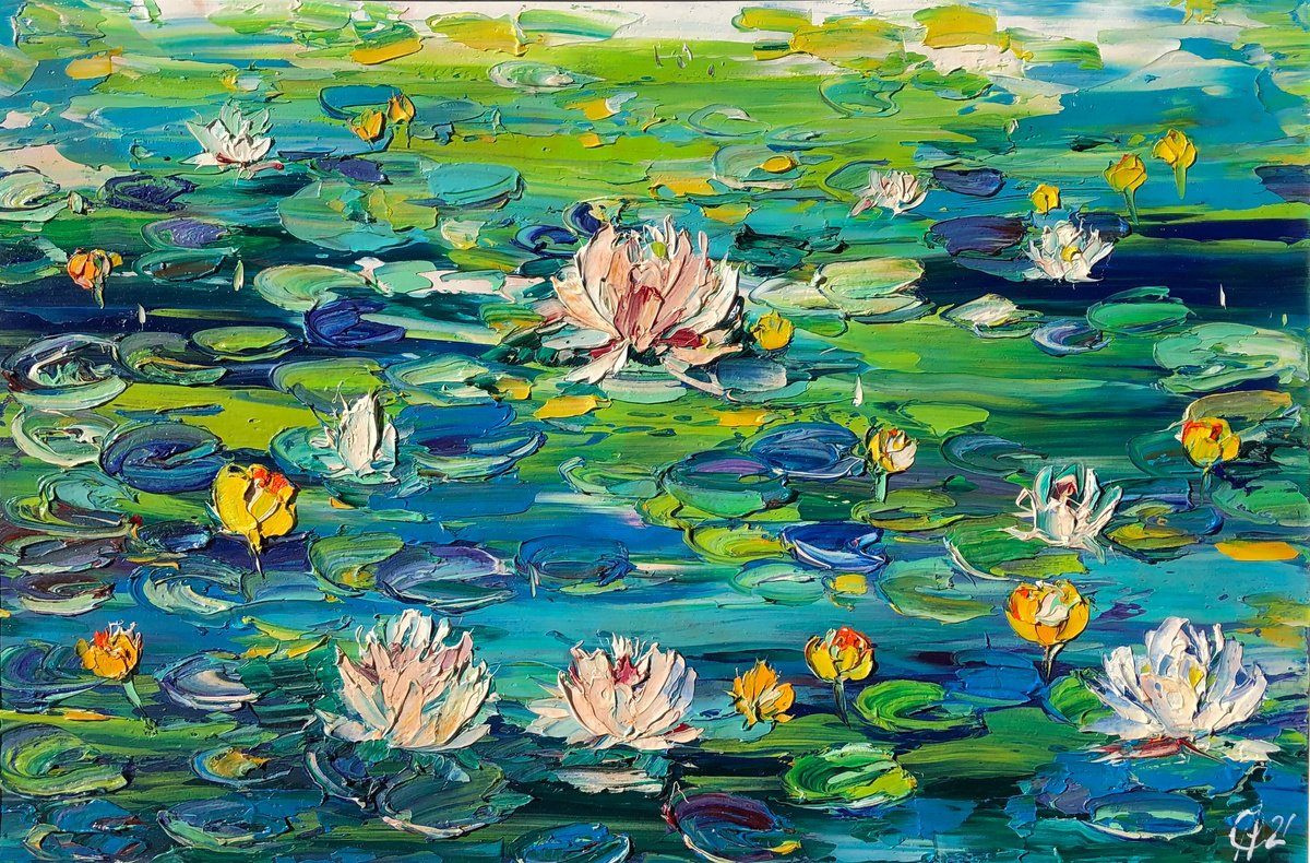 Abstract Botanical Oil Painting By Svitlana Andriichenko, 25 X 17", Carefree Water Lilies, Original Artwork