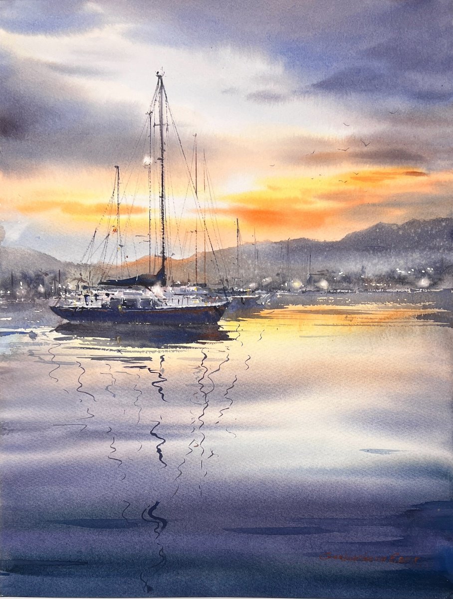 Impressionistic Landscape Watercolour By Eugenia Gorbacheva, 12 X 16, Harbor Of Light, Original Artwork