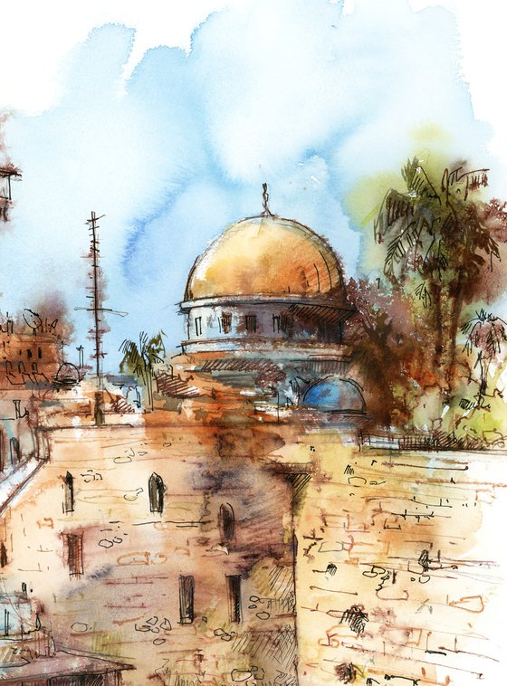 Jerusalem, Wailing Wall - Architecture Sketch Mixed Media