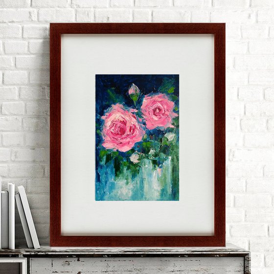 Pink Roses Painting Original Art Floral Artwork Flower Bouquet Wall Art