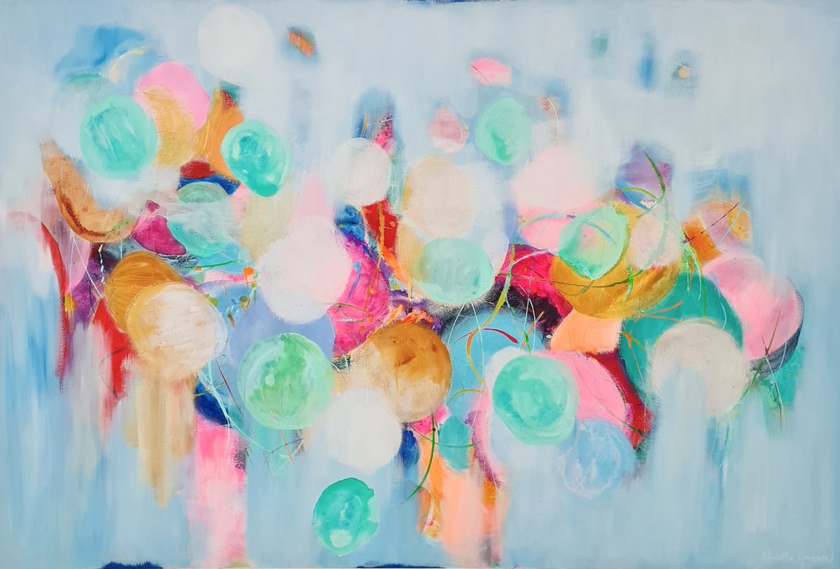 Organic Abstract Acrylic Painting By Wioletta Gancarz, 47 X 31", Teal Butterflies, Original Artwork