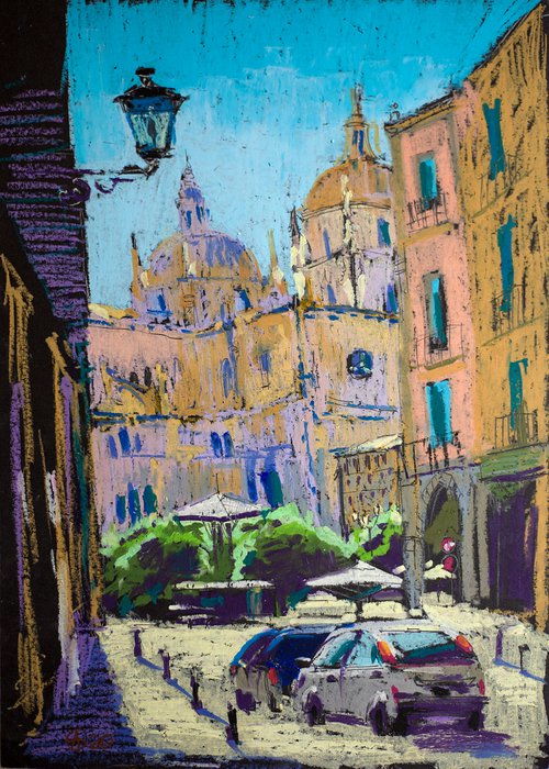 Segovia Cathedral. Light and shadow. Oil pastel painting. Small colorful urban landscape home decor interior gift idea city scape sun happy by Sasha Romm