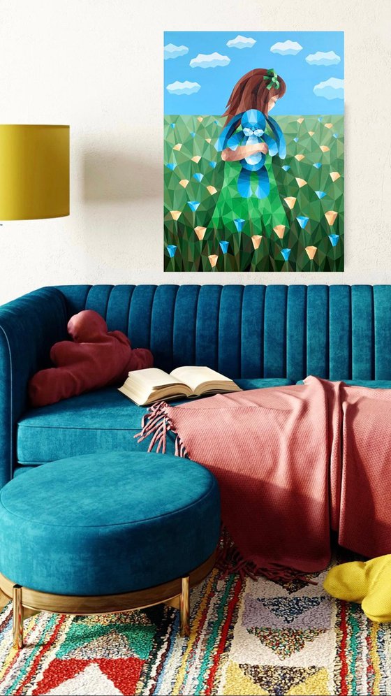 GIRL IN A FLOWER FIELD WITH A BLUE RABBIT