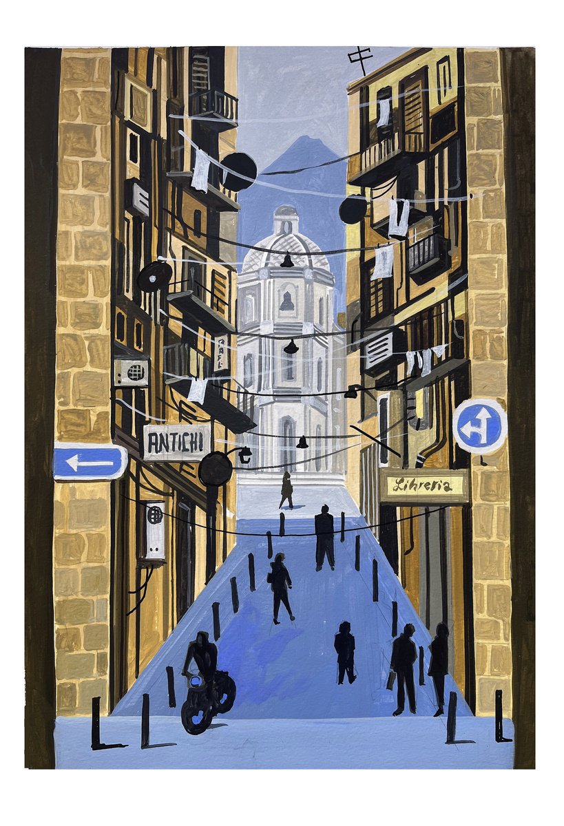 Urban And Pop Cityscapes Acrylic Painting By Andre Baldet, 13 X 18, Naples-05, Original Artwork