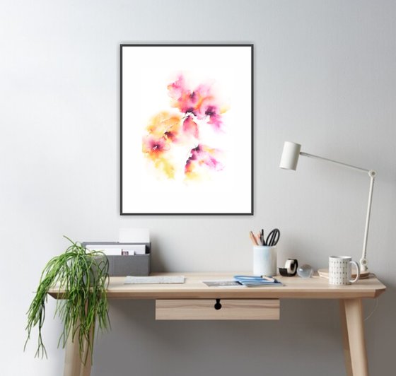 Pink yellow flowers, abstract floral bouquet, watercolor painting "Spring spirit"