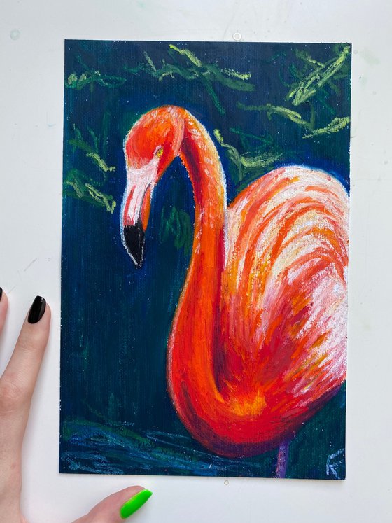 Flamingo Panting, Original Oil Pastel Drawing, Bird Illustration, Impressionist Wall Art, Colorful Room Decor