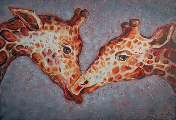 Touch - animal, giraffes, animal face, lovers, painting on canvas, love, gift, animals art, animals oil painting