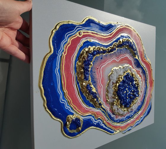 Agate geode  Gold, Coral ,Sapphire