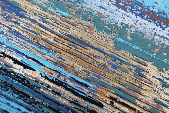 BLUE STREAM - 120 x 80 CM - TEXTURED ACRYLIC PAINTING ON CANVAS * BLUE * GOLD