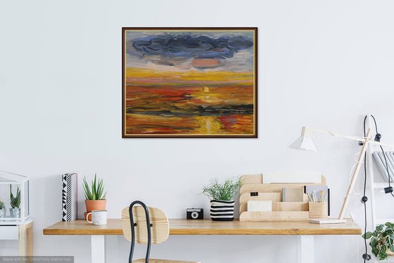 SUNRISE - Landscape art, seascape, skyscape, ocean, beach, sun over the ocean ray light, original oil painting, summer, nature, home decor