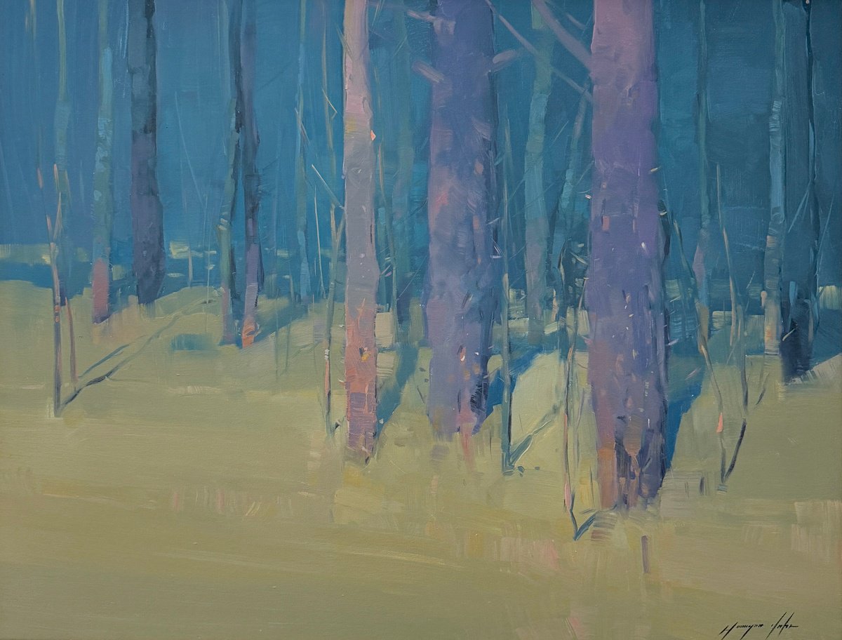 Impressionistic Landscape Oil Painting By Vahe Yeremyan, 36 X 28", Moon Trees, Original Artwork