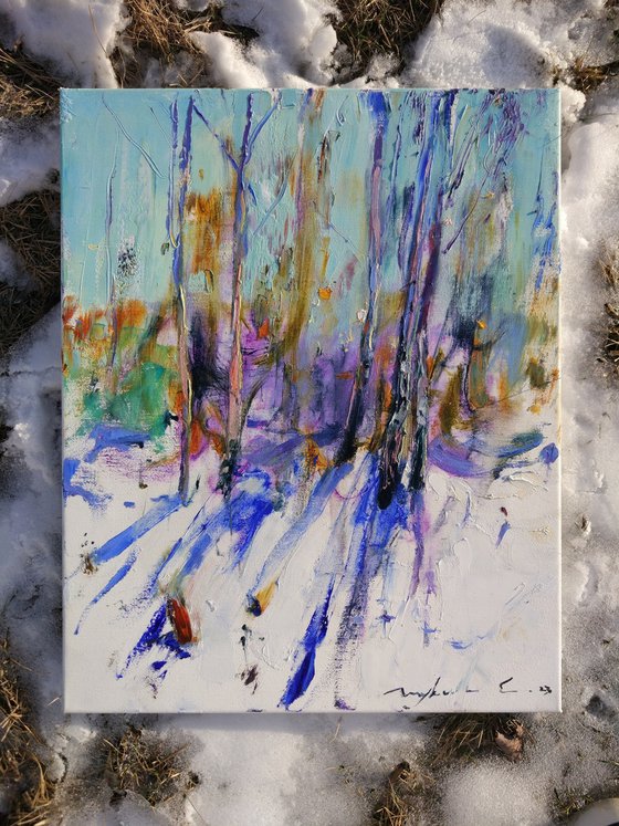 Sunny etude | Winter landscape with snow | Original oil painting