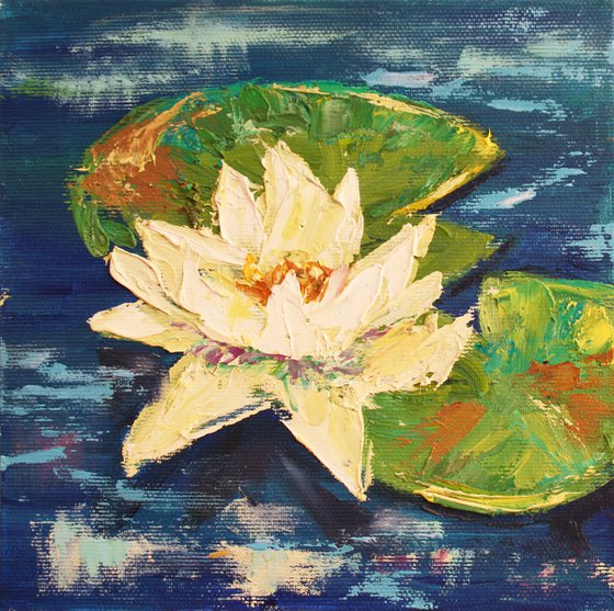 WATER LILY VII. 7"x7"  PALETTE KNIFE / From my a series of mini works WORLD OF WATER LILIES /  ORIGINAL PAINTING
