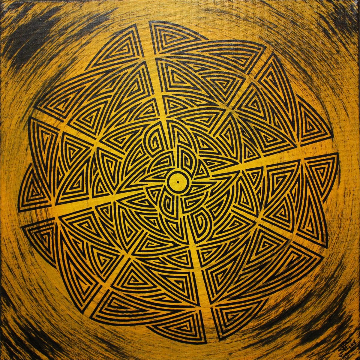 Geometric Abstract Acrylic Painting By Jonathan Pradillon, 11 X 11, Tribal Yellow, Original Artwork