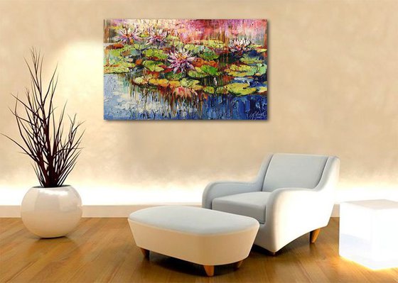 Water lilies pond oil original large impasto painting