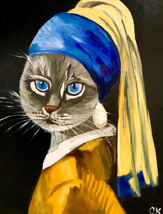 British blue Cat with the pearl earring #2 inspired by Vermeer painting feline art for cat lovers gift idea