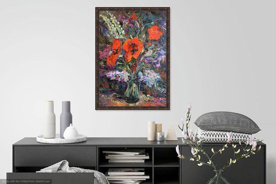 STILL LIFE WITH POPPIES - Floral art, still life with flowers, original painting oil on canvas, painting for sale, gift art 70x50cm