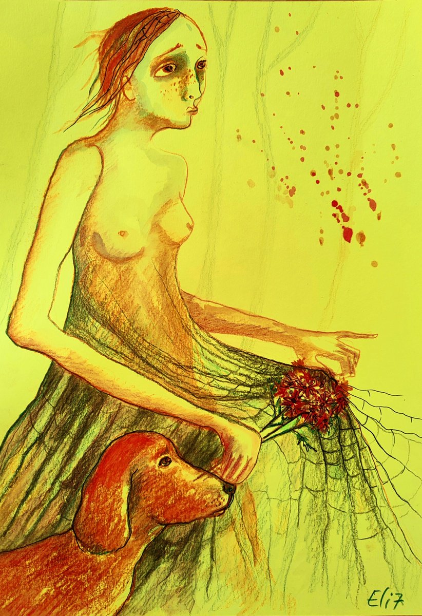 Expressive Portrait Drawing By Elisheva Nesis, 9 X 13, Out With The Ginger Dog, Original Artwork