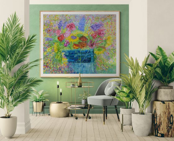 Sunflowers,Stocks and Roses Oil Painting