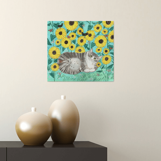 Tabby with Sunflowers