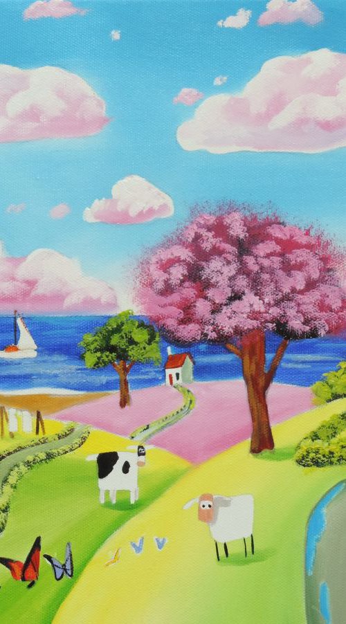 Folk art naive landscape with a cow by Gordon Bruce
