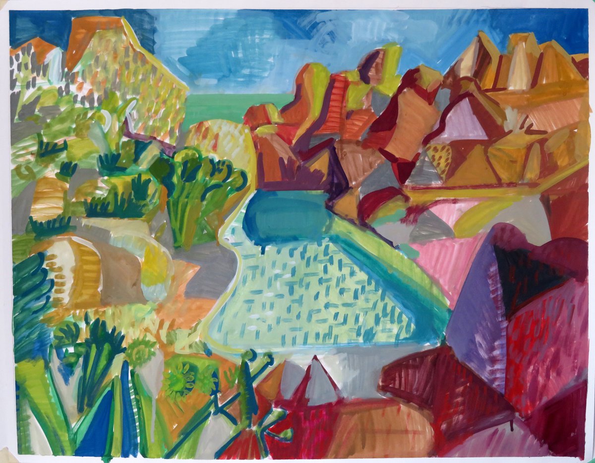 Impressionistic Landscape Painting By Stephen Abela, 28 X 22", Desert Pool Scene -In Purple And Orange, Original Artwork