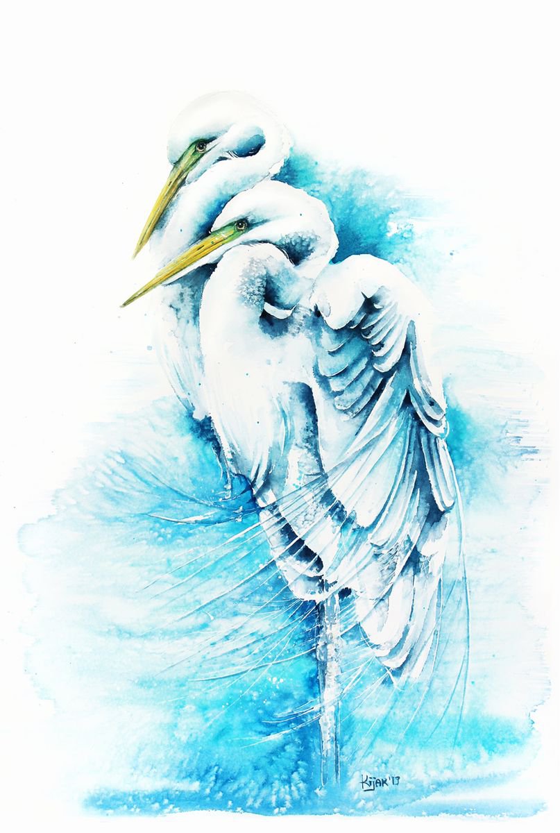 White herons, wildlife, birds watercolours by Karolina Kijak