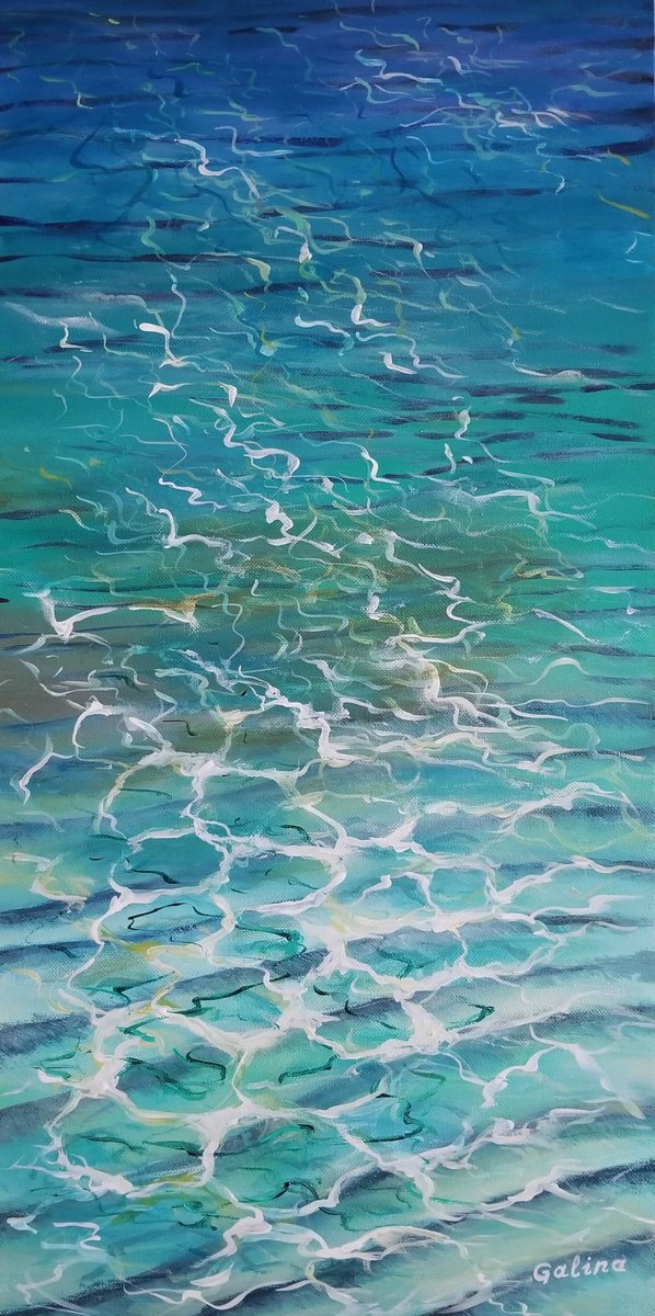 Abstract Landscape Acrylic Painting By Galina Victoria, 12 X 24, Ocean Shallows, Original Artwork